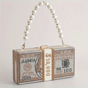 Dollar Bill Money Rhinestone Clutch Shoulder Bag Purse Pearl Chain Strap Gold